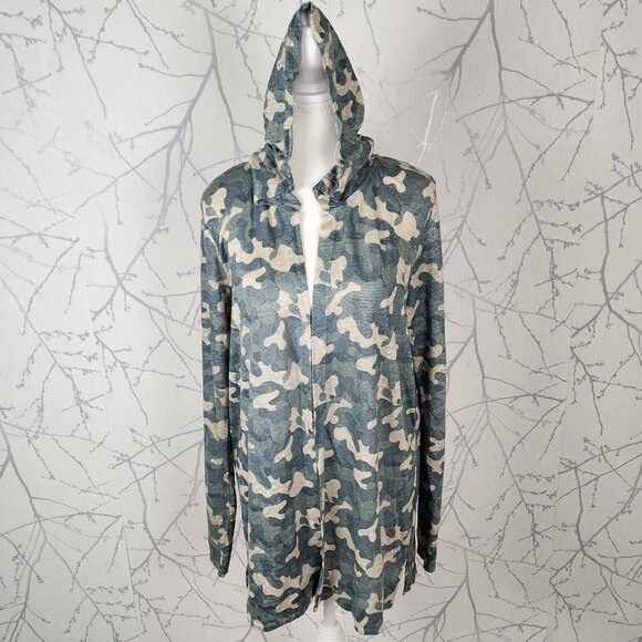 Nicole Miller Green Camo Print 100% Linen Open Hooded Cardigan - Picture 2 of 7
